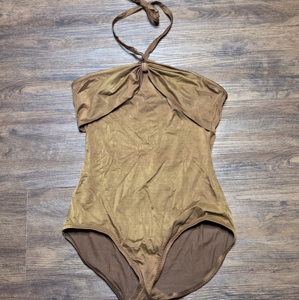 Vintage 80s Dippers California Metallic Bronze Halter Swimsuit 7